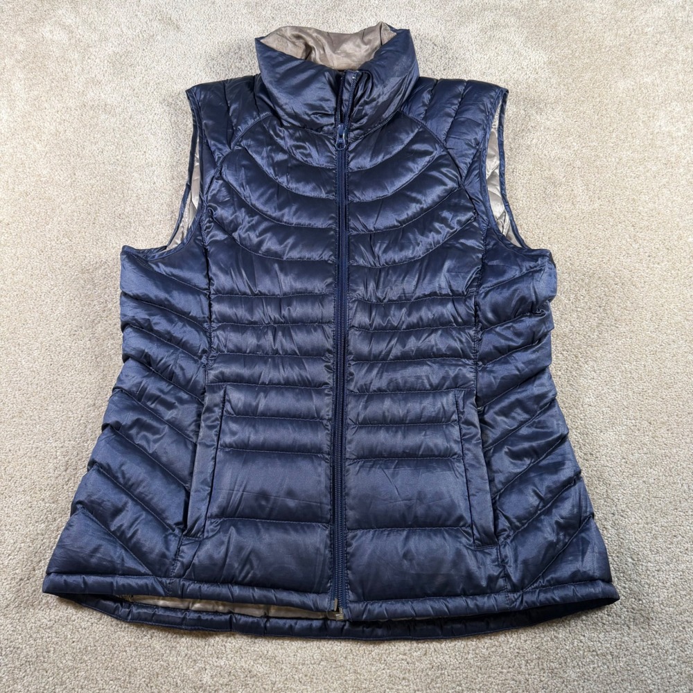 Bernardo‎ Puffer Vest Womens Medium Navy Blue Goose Down Quilted Metallic F1002